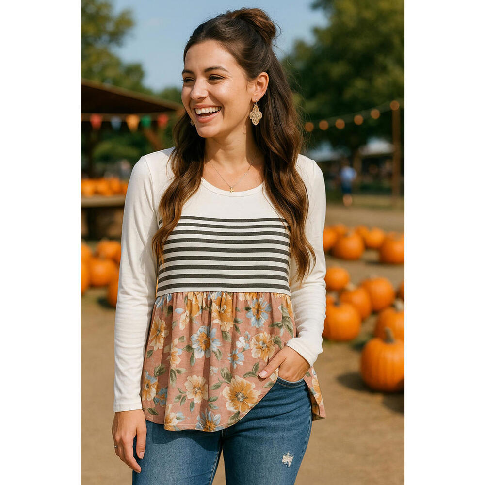 Be Stage NWOT Floral Stripe Long Sleeve Babydoll Top Size Small – Fall Boho A10